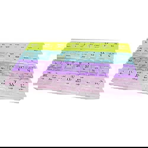 KAV 7 Days 28 Compartments Pill Box Weekly Medicine Storage Organiser with Colour Coded Labels - Tablet Dispenser Reminder for Supplements, Vitamins