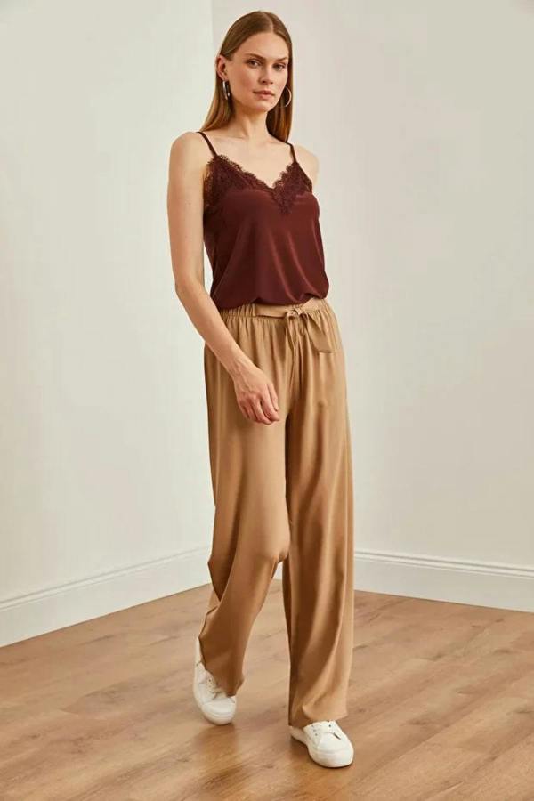 Hoxton Gal Basic Belted Woven Viscose Palazzo Pants