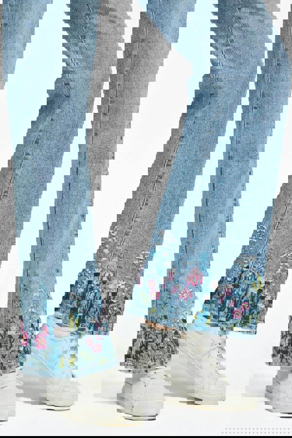 Mudflower Floral Embroidered Wide Leg Denim Jeans