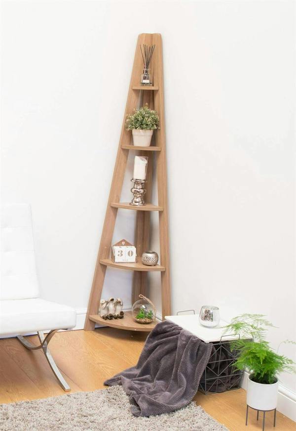 Riva Scandinavian Retro 5 Tier Corner Ladder Bookcase Shelf Unit