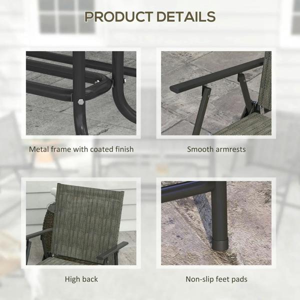 Metal garden sofa set details: high back, smooth armrests, non-slip feet