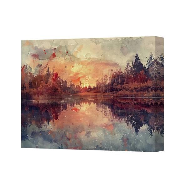 Benjamin Tate Design Sunset Lake Landscape Canvas Wall Art Print With Watercolor Style