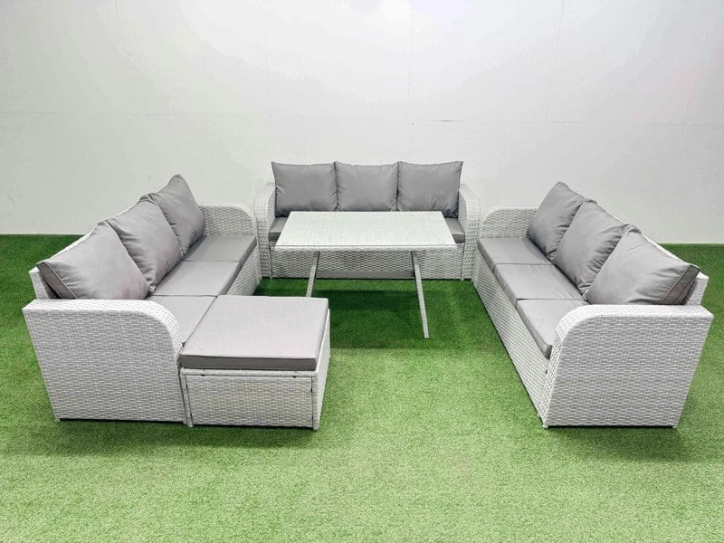 Fimous 10 Seat Outdoor PE Rattan Garden Furniture with Cushions 3 Seater Sofa Big Stool Light Grey