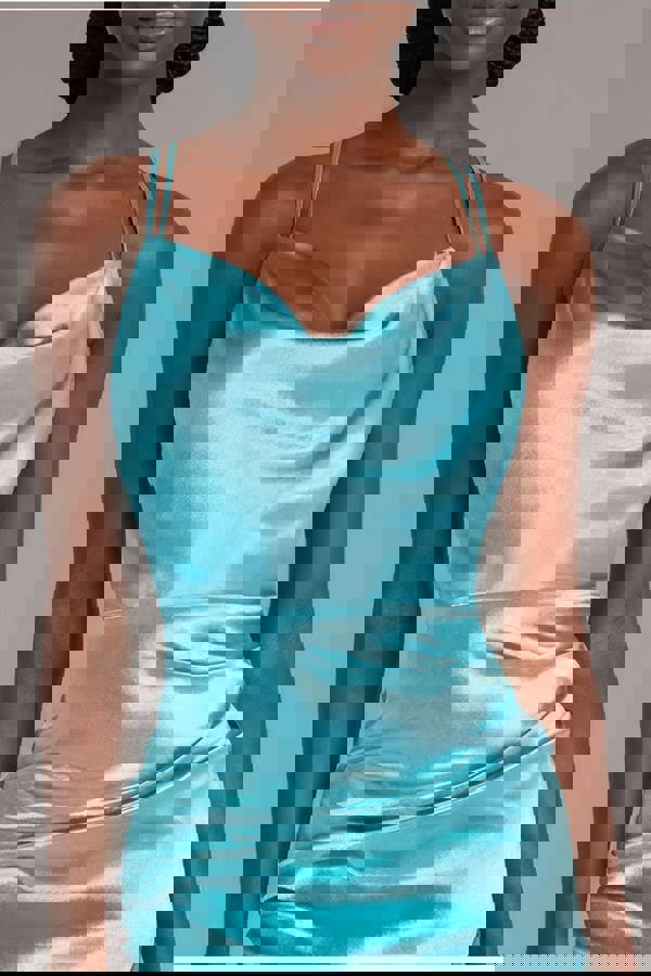 Satin Cowl Neck With Strappy Back Maxi - Aqua DR2113QZ