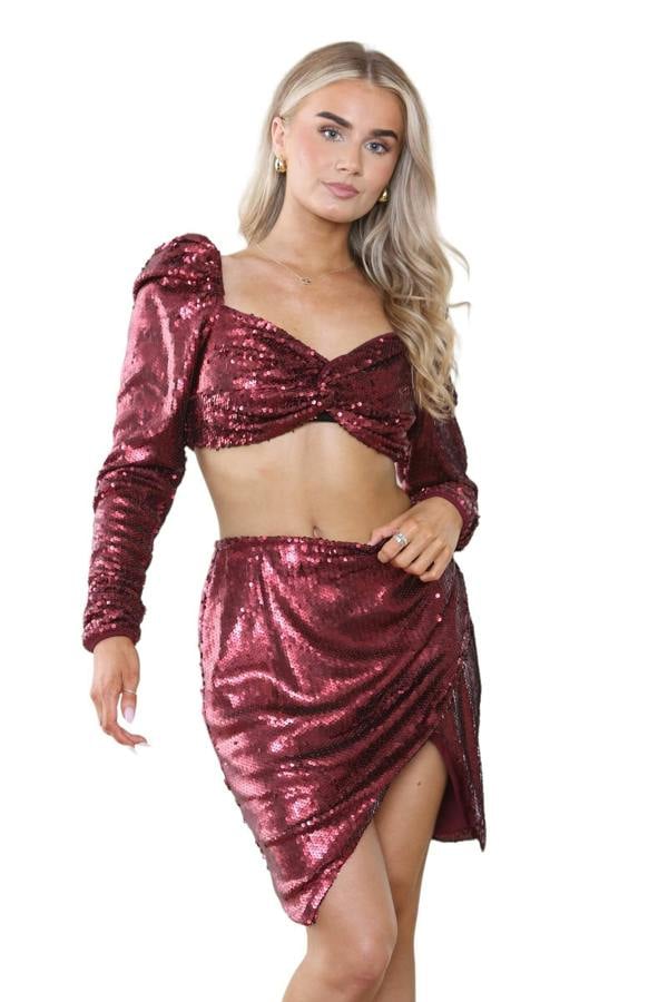 Elaina Fashion Women Burgundy Red Sequin Sparkle Co-ord 