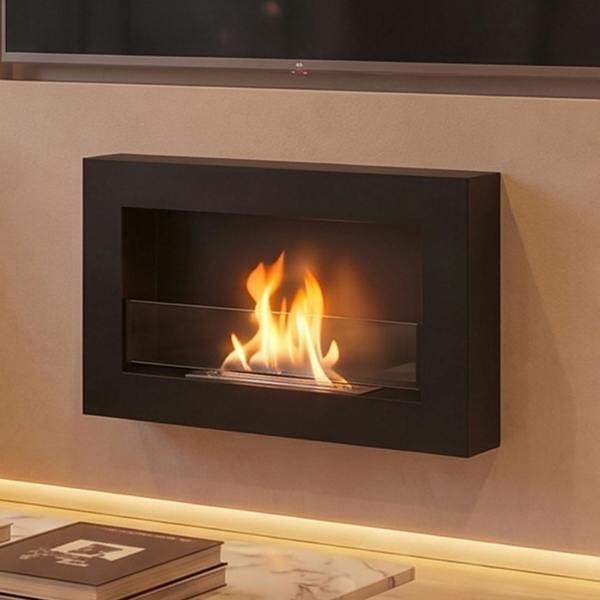 BIOFireplacesGMT Bioethanol Fireplace Wall Mounted 650x400 Black Matt with Glass Ventless