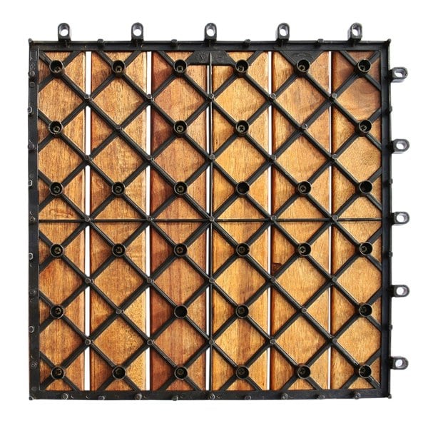 Wooden decking tiles featuring a geometric pattern with rich brown wood and a durable black plastic frame, ideal for outdoor spaces