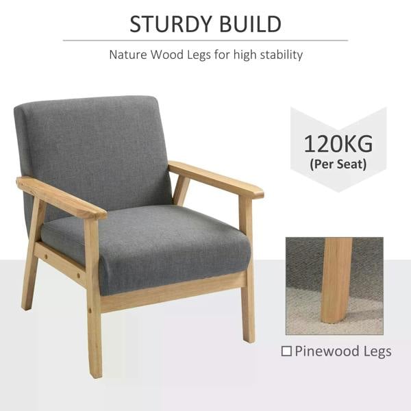 Grey upholstered accent chair with padded seat and pine wood legs