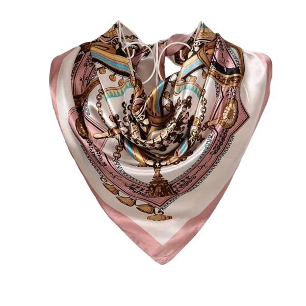 Anyyou Scarf for Women Girly Pink Printed Satin Silk Shawl Fashion Accessories Chain Flowers Pattern Autumn Winter Scarves