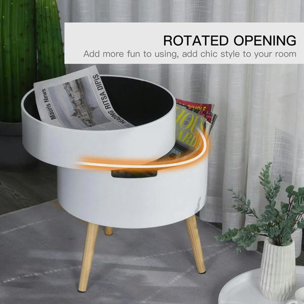 White round table with rotating open top showing storage compartment and handle slot