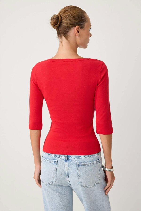 WOVCOR Fitted V Neck Button Front Ribbed Long Sleeve Blouse