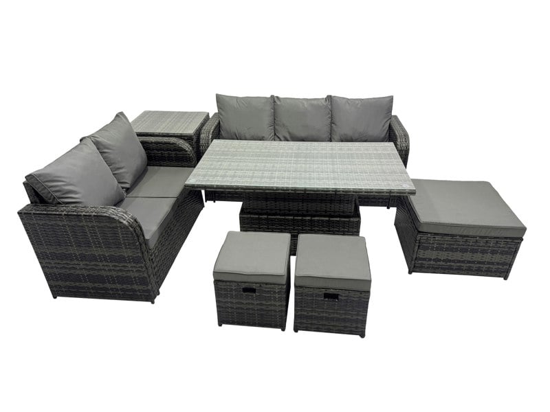 Fimous Rattan Garden Furniture Dining Set 8 seater Patio Height Adjustable Rising Lifting Table Sofa Set with 3 Footstools Side Table Dark Grey Mixed
