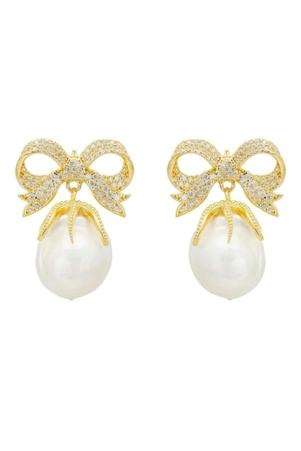Baroque Pearl Ribbon And Bows Drop Earrings Gold - LATELITA Earrings