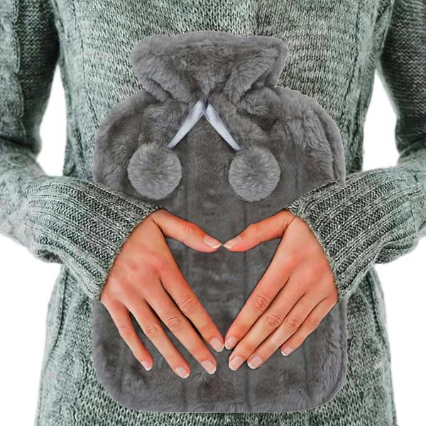 Dyzi 2L Hot Water Bottle with Soft Faux Fur Cover Charcoal Grey