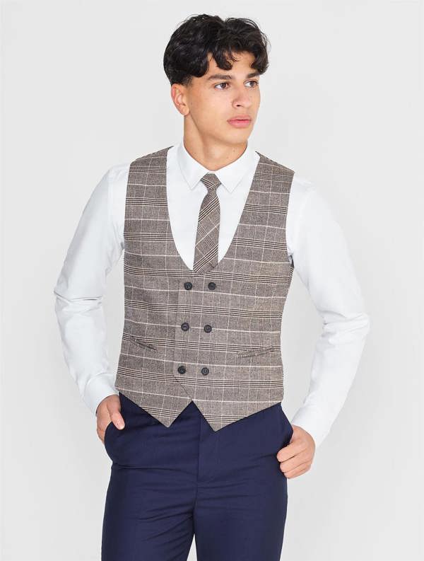Boys brown and navy checked waistcoat suit