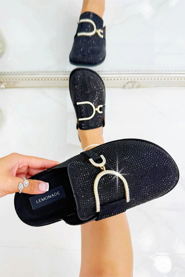 Love Lemonade Crystal Imperial Suede Slip On Clog Mules Black