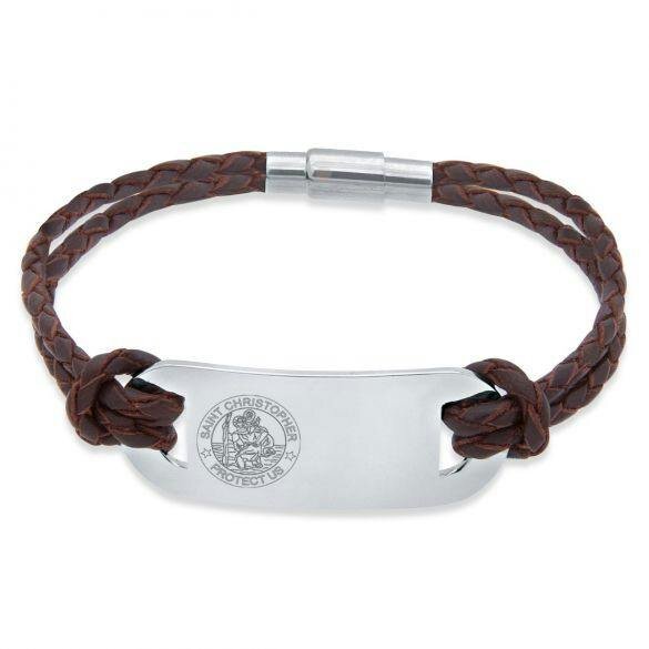 Christopher James of London Mens Leather and Stainless Steel St Christopher Bracelet