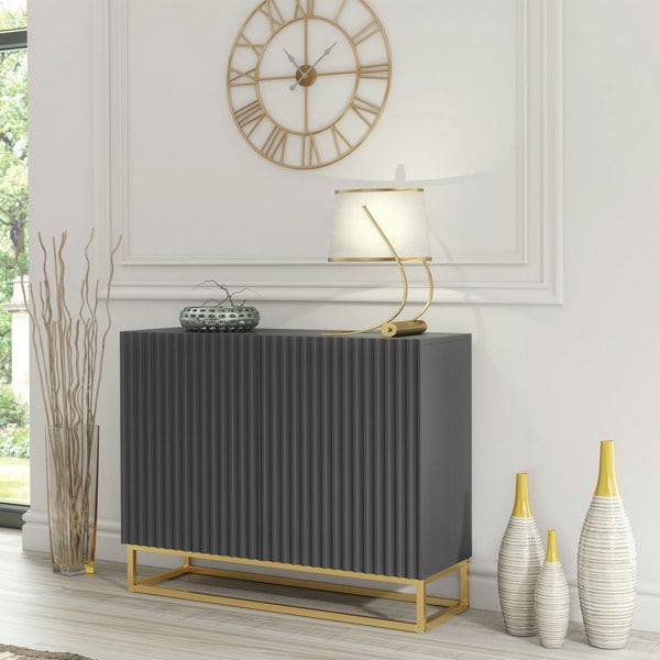 Mex Furniture Graceful Grey Sideboard with Fluted Fronts & Gold Legs – 100cm Storage Unit