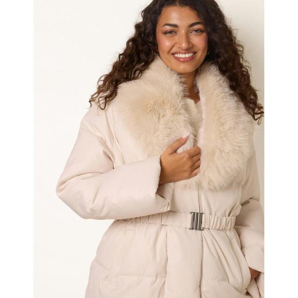 Blue Vanilla Shawl Faux Fur Collar Belted Short Puffer
