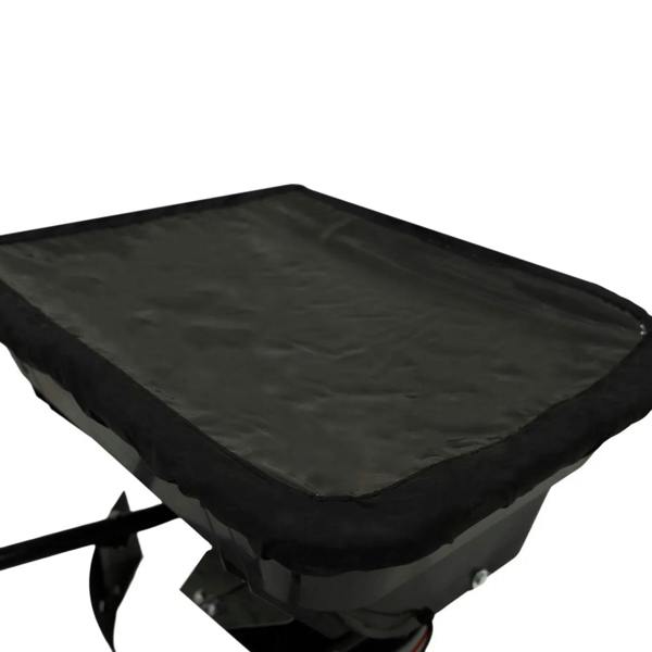Black ATV mounted spreader with a smooth, flat top and sturdy construction, designed for efficient spreading of materials