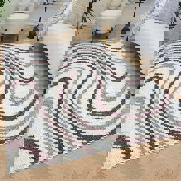 Moodi Shaggy Grey/Purple rug, striped design, soft pile | THE RUGS