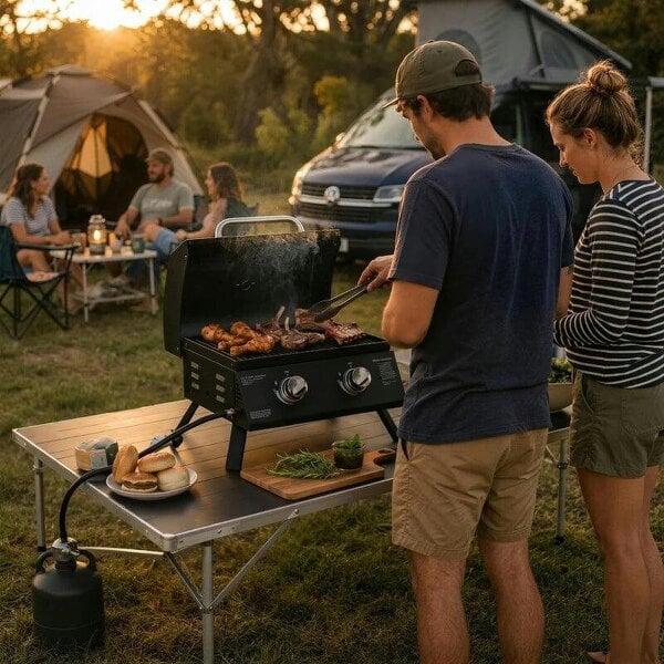 Bobobiy 2 Burner Gas BBQ Grill, 5.8 kW Outdoor Portable Folding Tabletop Barbecue w/ Lid, Thermometer, Carbon Steel, Black - Black
