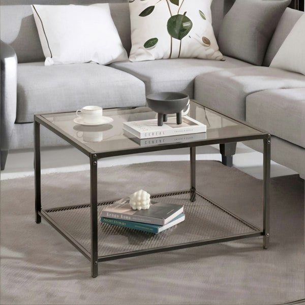 Rafaelo Mobilia 2-Tier Square Glass Coffee Table With Mesh Shelf Black