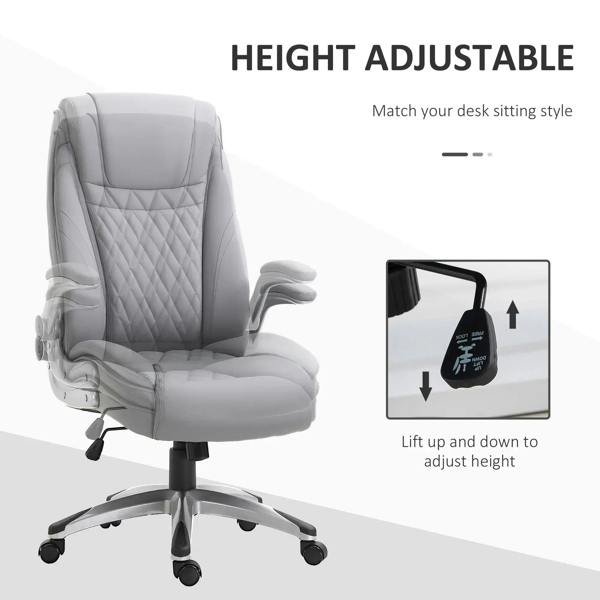 Grey swivel office chair with padded quilted backrest and height-adjusting lever