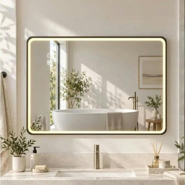 Bathroom Mirror with LED Lights, 100x70cm Rectangle Bathroom Mirror, Dimmable, Bluetooth, Anti-Fog, Black - Black