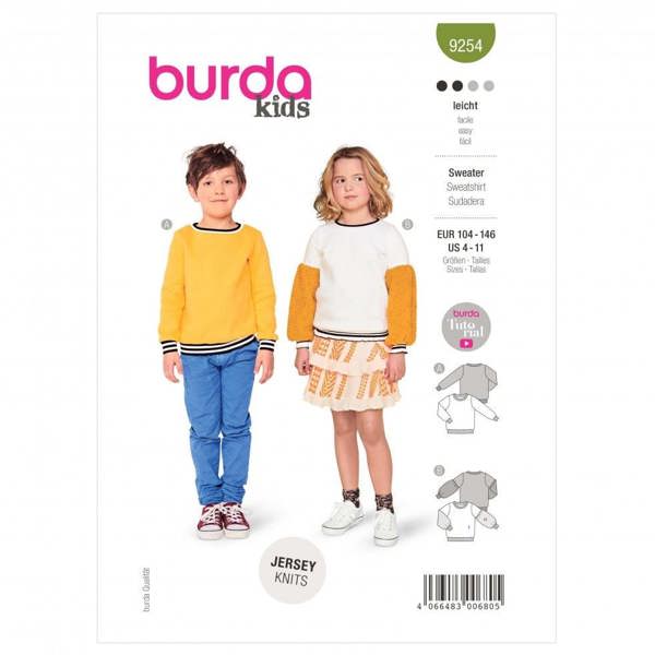 Burda Sewing Pattern 9254 Tops and Sweaters For Kids, 4-11 (104-146) - Easy