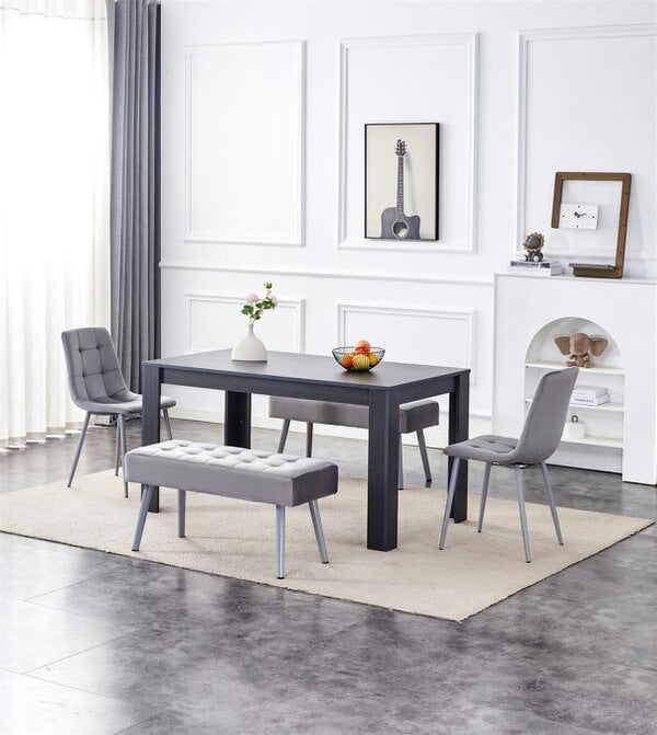 Kosy Koala Dining Table and 4 Chairs With 2 Benches Dark Grey Table 2 Grey Velvet Chairs Wood Table Dining Set Furniture