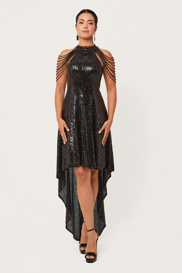 LuvForever Rinsha -  Black Sequin Hi-Lo Mini Dress