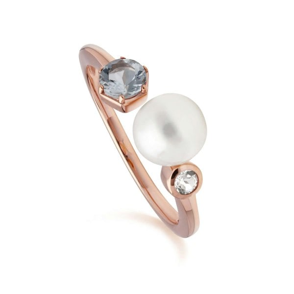 270R058805925 Modern Pearl, Aquamarine & Topaz Open Ring in Rose Gold Plated Silver 1