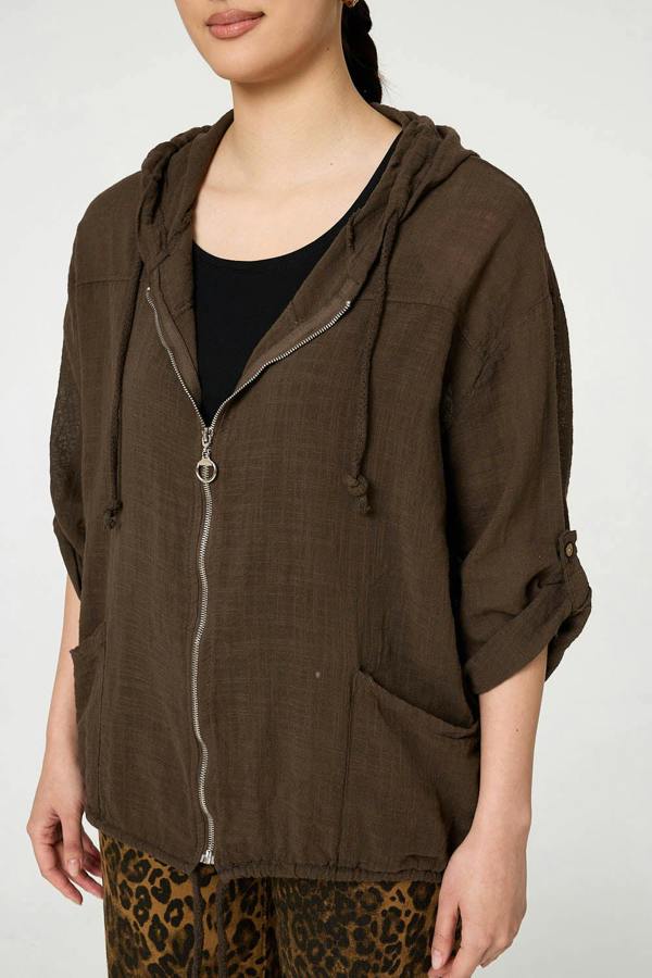 Chocolate | 3/4 Sleeve Hooded Zip Front Jacket