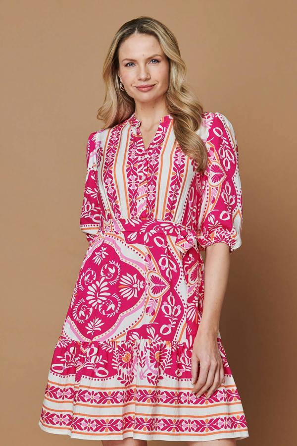 Pink | Printed Tie Waist 3/4 Sleeve Short Dress