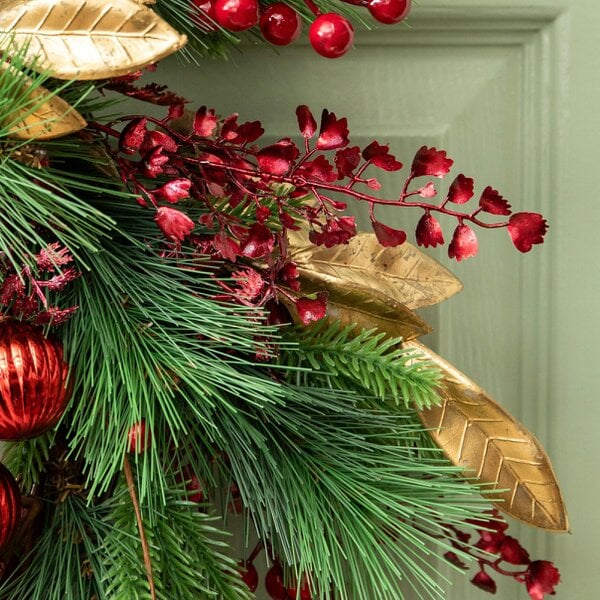 Samuel Alexander 38cm Ruby Velvet Christmas Wreath with Red Baubles, Berries & Bows