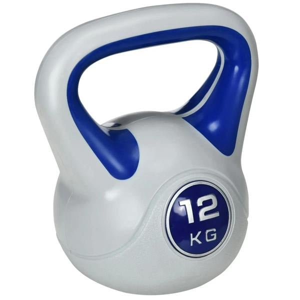 Light grey 12 kg kettlebell with blue handle and front blue 12 KG emblem