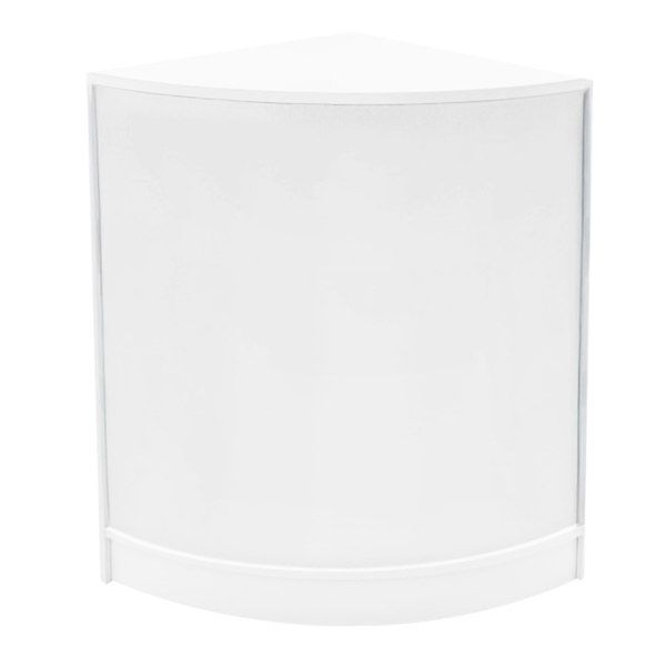 White corner shop counter with a sleek design, featuring smooth surfaces and a modern, minimalist aesthetic, ideal for retail displays