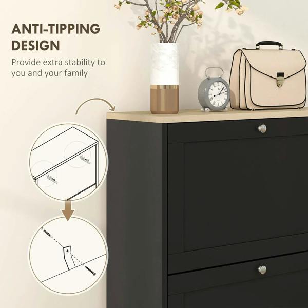 Black shoe storage cabinet with anti-tip design and front drawer with metal knobs
