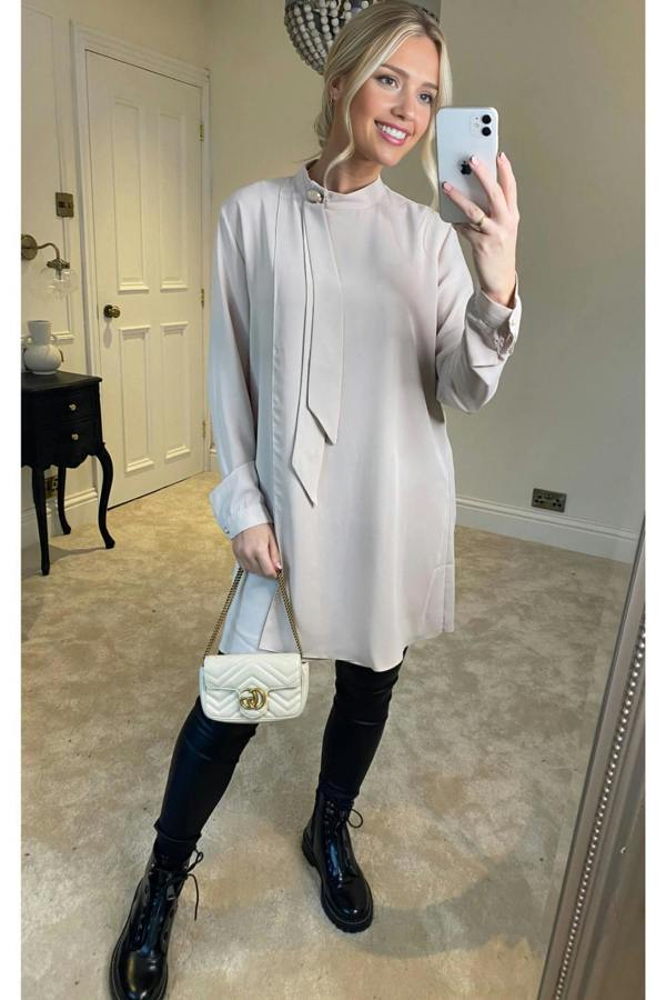 Hoxton Gal Oversized High Neck Tunic Top with Brooch Details in Beige