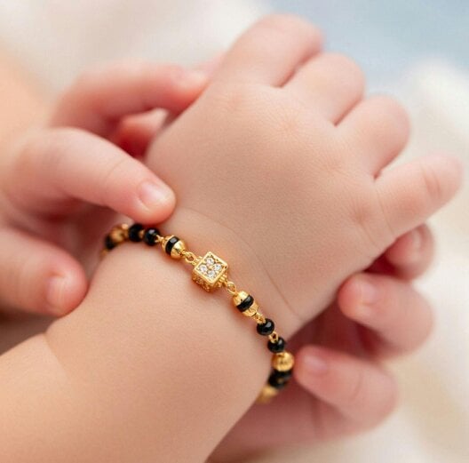 The Colourful Aura Baby Nazaria Black Bead Gold Bracelet | Indian Evil Eye Protection Bracelet