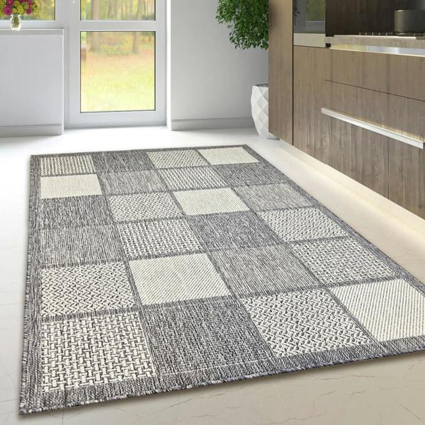 Viva Rugs Non-Slip Grey Rug Flat Weave Checkered Kitchen Dining Room Living Room Area Mat