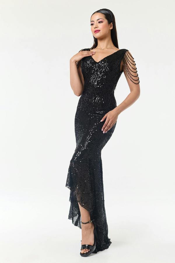 LuvForever Black Jewelled Hi-Lo Sequin Dress