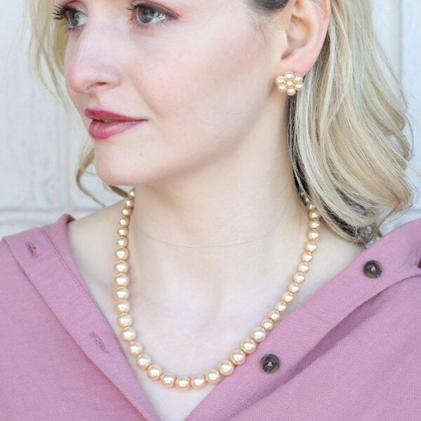 The Colourful Aura Large Golden Round Pearl Bridesmaid Statement Wedding Necklace  and Earring Set