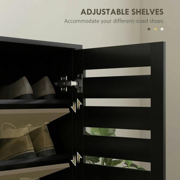 Black shoe cabinet with adjustable inner shelves and slatted door ventilation