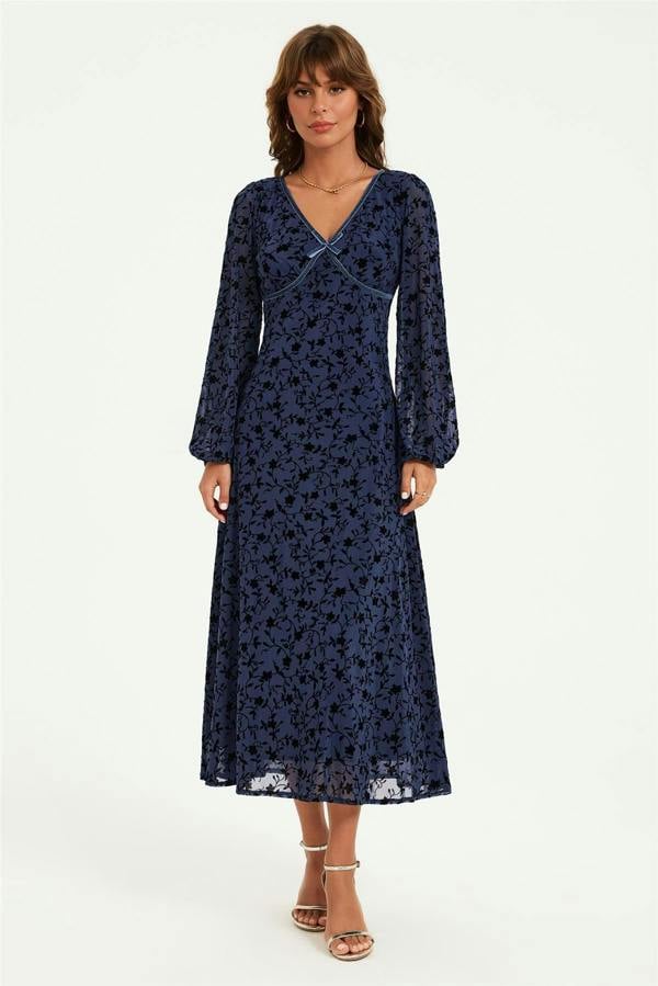 FS Collection Floral Velvet Devore V Neckline Midi Dress In Navy