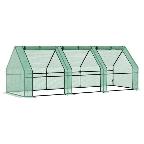 Green mini greenhouse with clear PE cover and open end panels on a steel frame