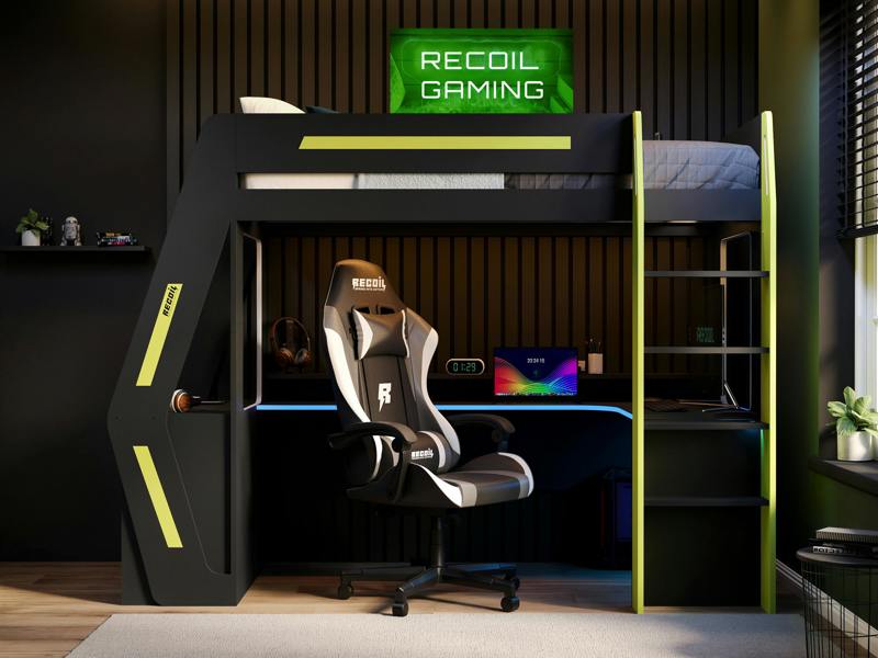 Recoil Alister Gaming High Sleeper with Desk & Storage Charcoal & Green