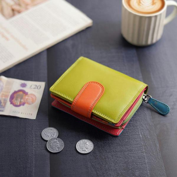 Green leather purse placed with daily essentials for a lifestyle view