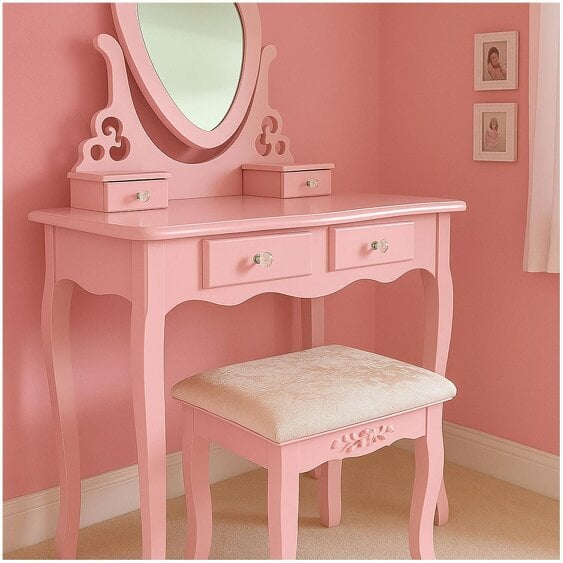 Kosy Koala Pink Heart Dressing Table Makeup Desk Vanity Set White Mirror Drawers Stool